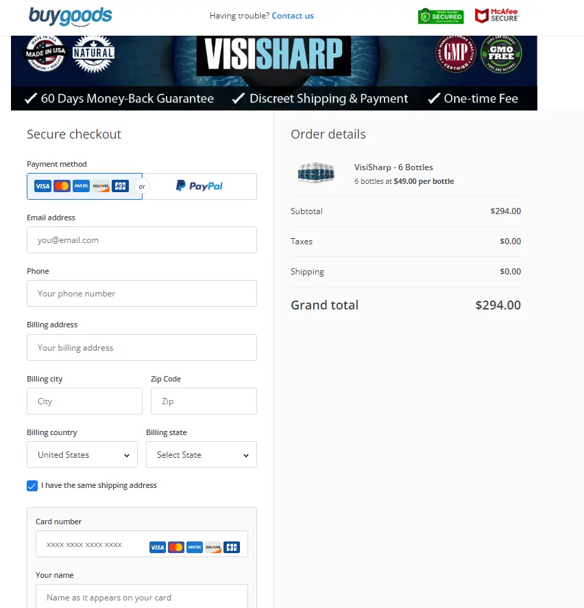 visisharp-buy-order-page